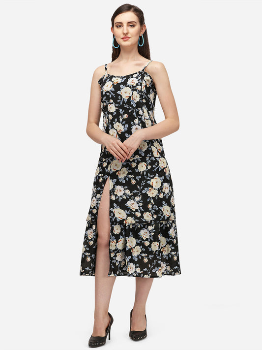 Black Midi Fit and Flare Floral Dress
